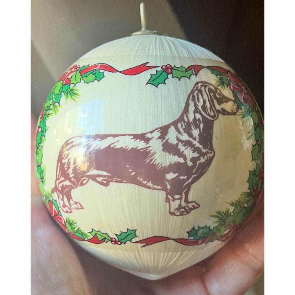 All American Dachshund Seasons Greetings Glass Satin Christmas Ornament Cream VT